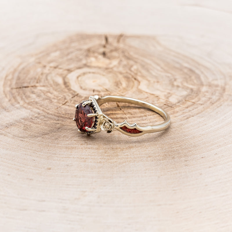 "LUCY IN THE SKY" - ROUND CUT GARNET ENGAGEMENT RING WITH A BLACK DIAMOND HALO, METAL ROSE ACCENTS & BAT WING SHAPED RED OPAL INLAYS-3