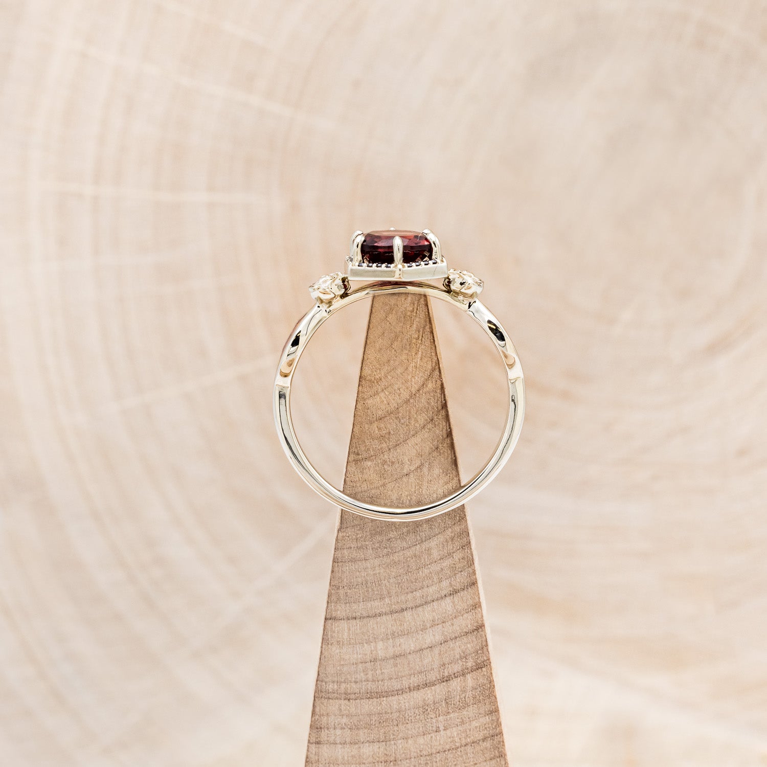 "LUCY IN THE SKY" - ROUND CUT GARNET ENGAGEMENT RING WITH A BLACK DIAMOND HALO, METAL ROSE ACCENTS & BAT WING SHAPED RED OPAL INLAYS-6