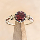 "LUCY IN THE SKY" - ROUND CUT GARNET ENGAGEMENT RING WITH A BLACK DIAMOND HALO, METAL ROSE ACCENTS & BAT WING SHAPED RED OPAL INLAYS-1