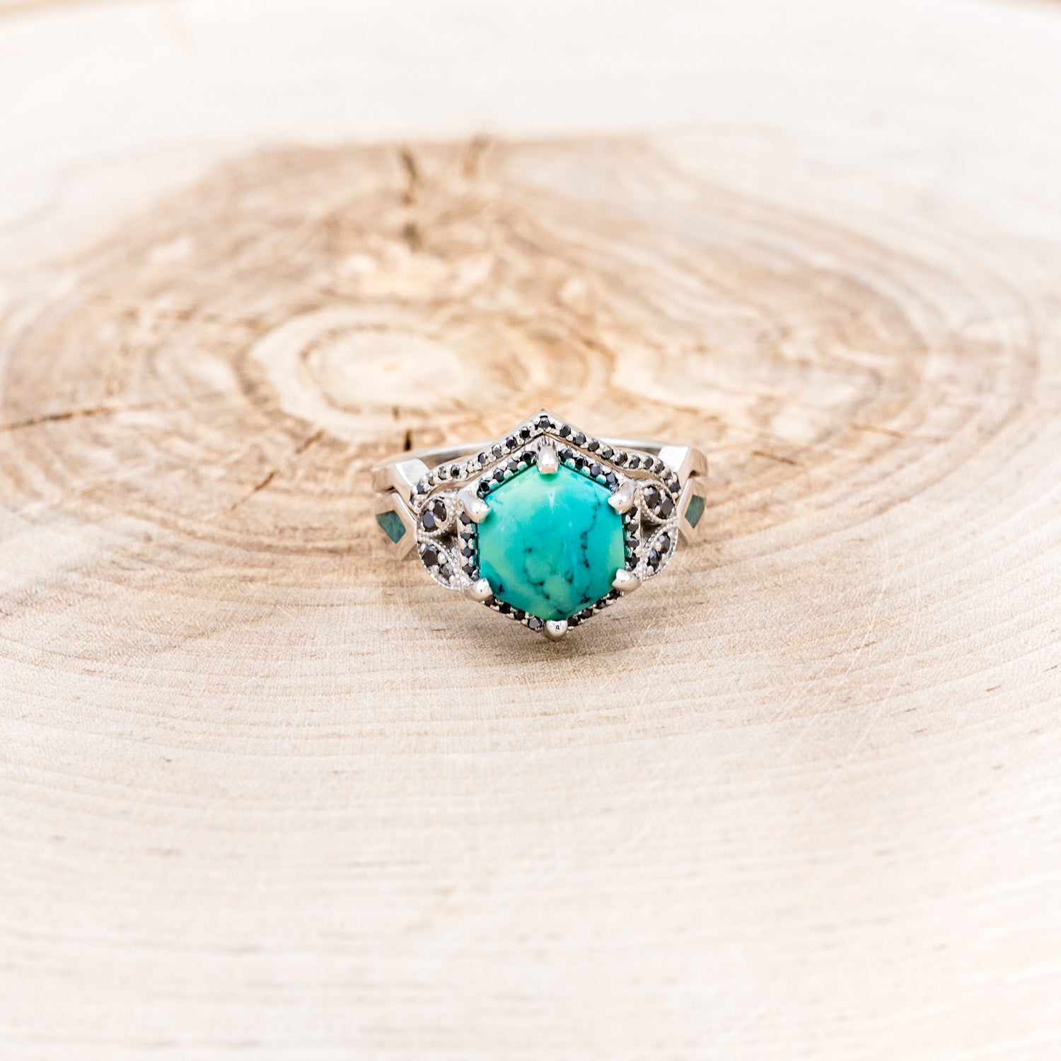 "LUCY IN THE SKY" - HEXAGON TURQUOISE ENGAGEMENT RING WITH BLACK DIAMOND ACCENTS & TURQUOISE INLAYS WITH BLACK DIAMOND TRACER-4