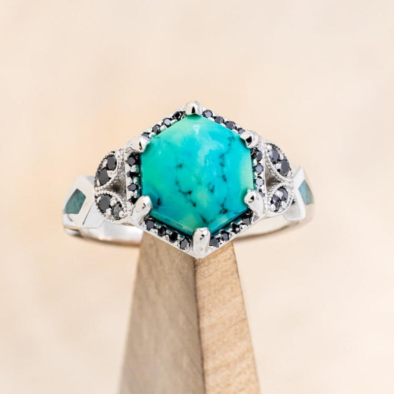 "LUCY IN THE SKY" - HEXAGON TURQUOISE ENGAGEMENT RING WITH BLACK DIAMOND ACCENTS & TURQUOISE INLAYS WITH BLACK DIAMOND TRACER