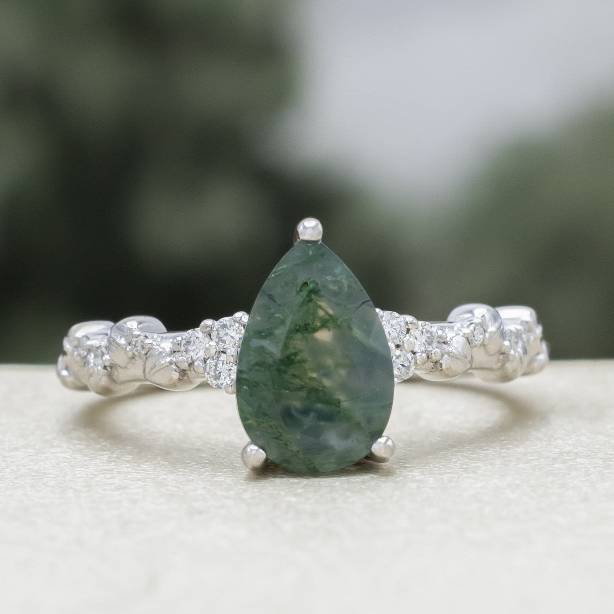 "Lynette" - Pear Cut Moss Agate Engagement Ring With A Leaf Style Band-Staghead Designs