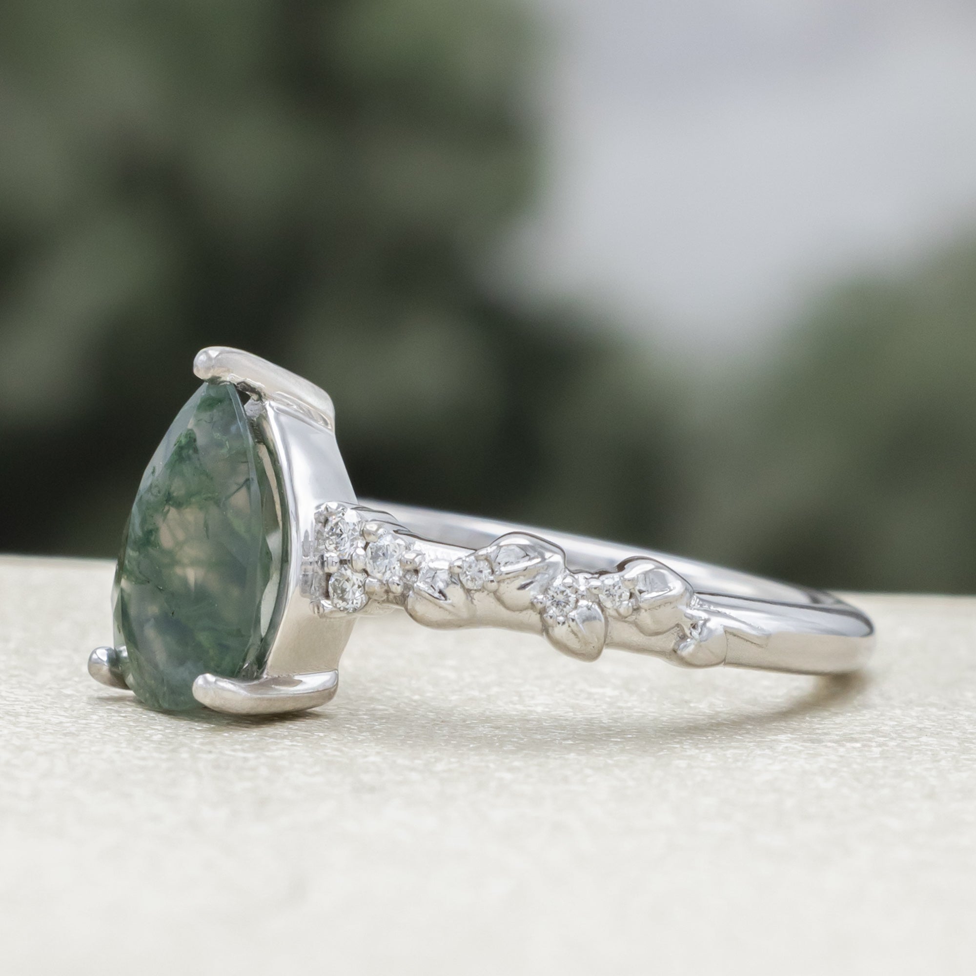 "Lynette" - Pear Cut Moss Agate Engagement Ring With A Leaf Style Band-Staghead Designs