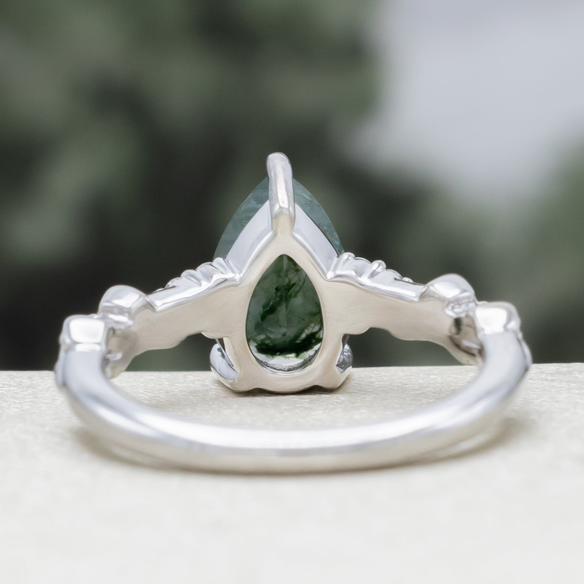 "Lynette" - Pear Cut Moss Agate Engagement Ring With A Leaf Style Band-Staghead Designs