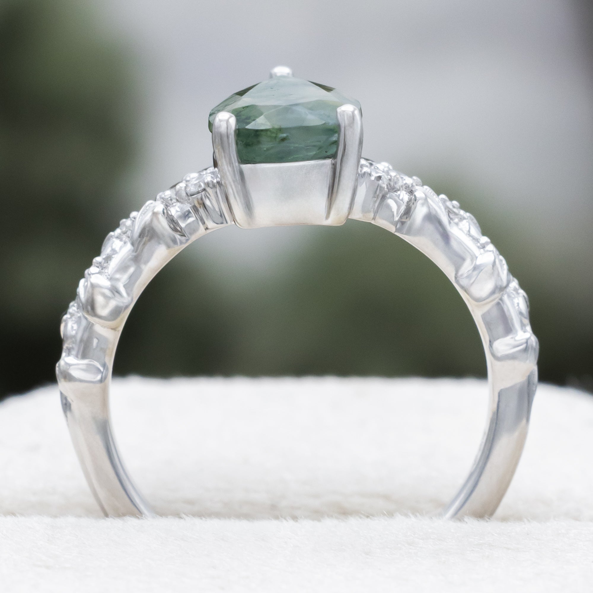 "Lynette" - Pear Cut Moss Agate Engagement Ring With A Leaf Style Band-Staghead Designs