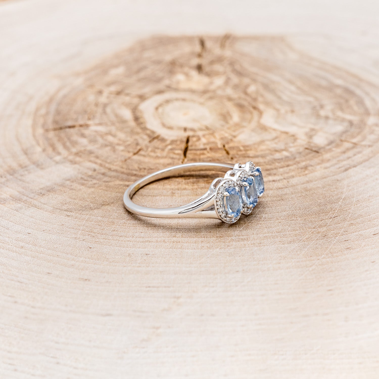 "MERCILLA" - THREE STONE OVAL AQUAMARINE ENGAGEMENT RING WITH DIAMOND ACCENTS-2