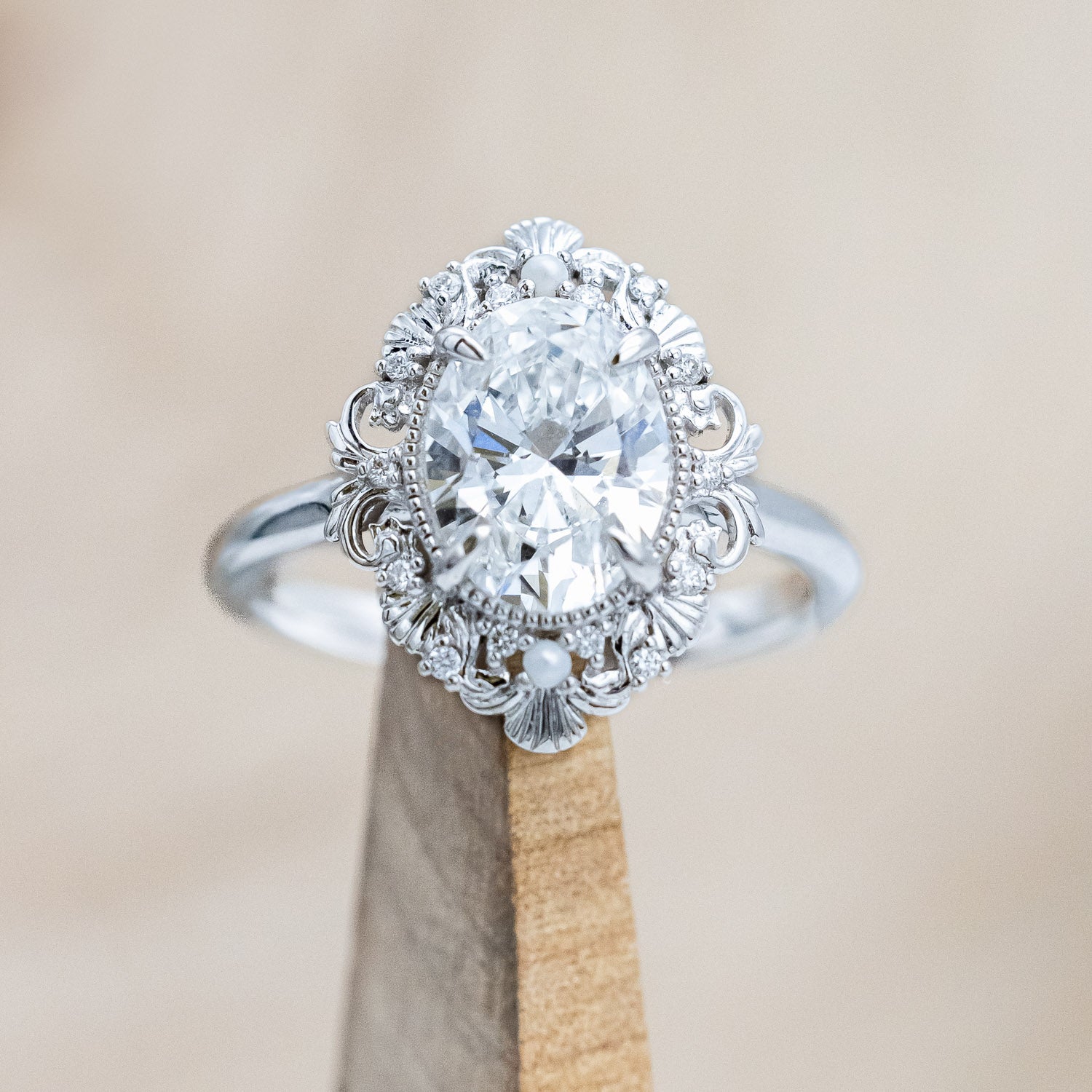 "MERROW" - OVAL CUT LAB-GROWN DIAMOND ENGAGEMENT RING WITH DIAMOND & PEARL ACCENTS-Staghead Designs