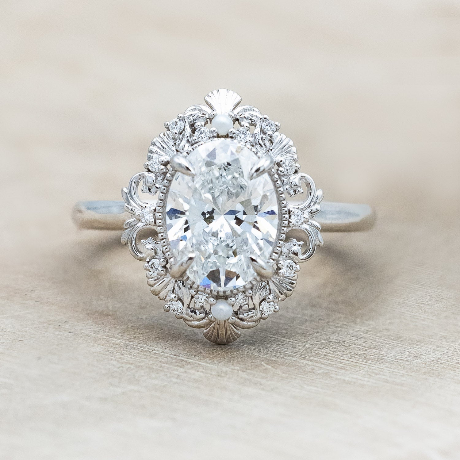 "MERROW" - OVAL CUT LAB-GROWN DIAMOND ENGAGEMENT RING WITH DIAMOND & PEARL ACCENTS-Staghead Designs