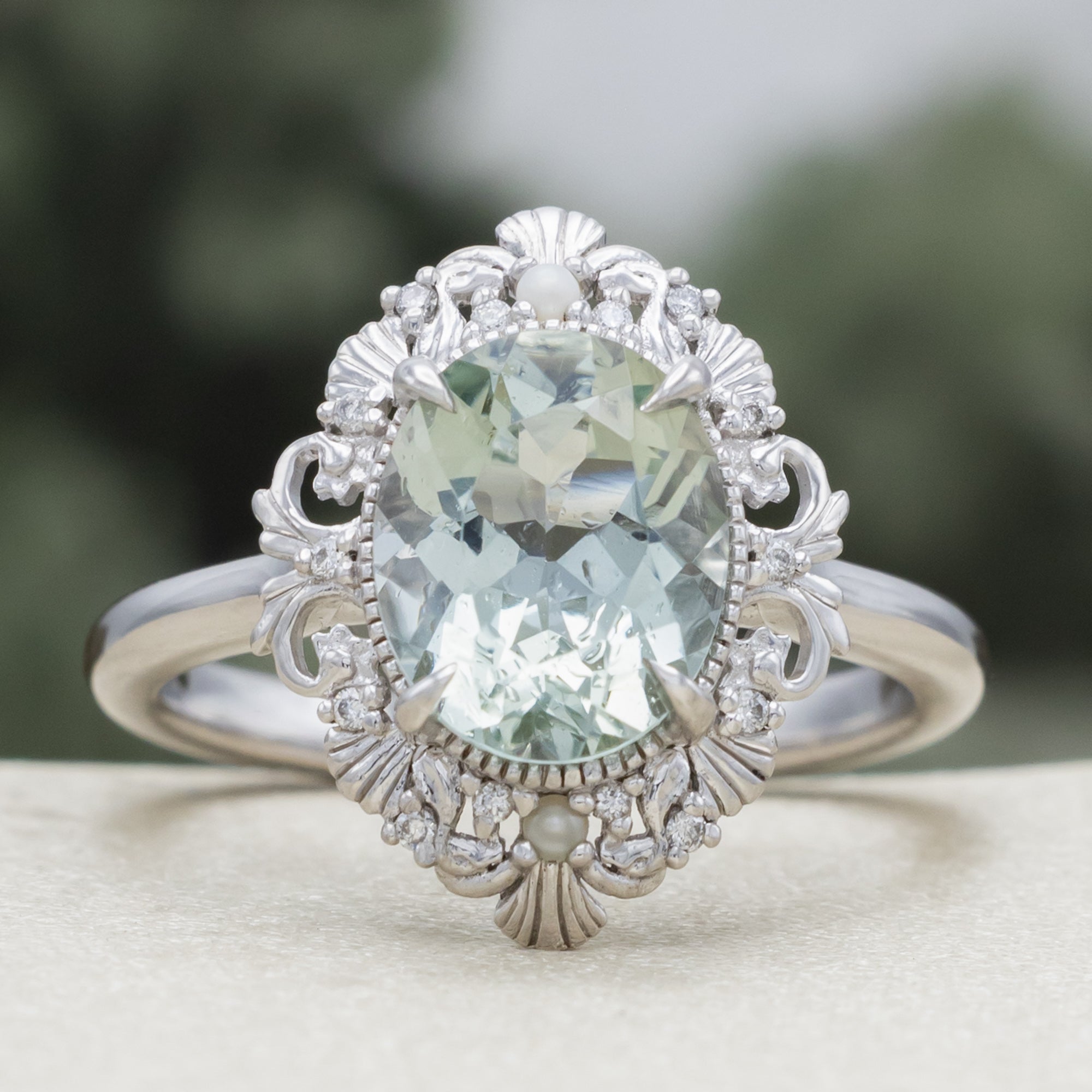 "Merrow" - Oval Cut Prasiolite Engagement Ring With Pearl Accents And Diamond Tracer-Staghead Designs