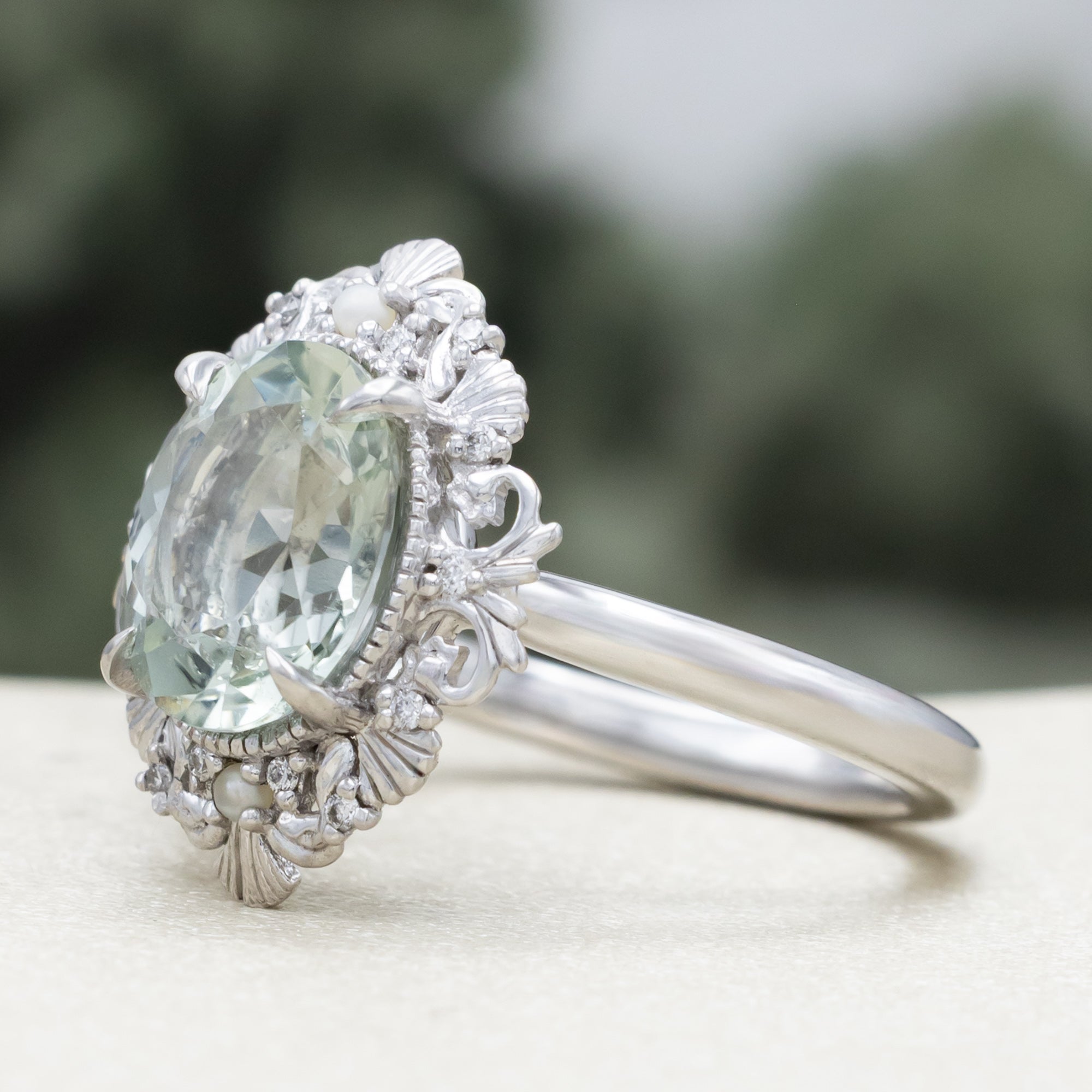 "Merrow" - Oval Cut Prasiolite Engagement Ring With Pearl Accents And Diamond Tracer-Staghead Designs