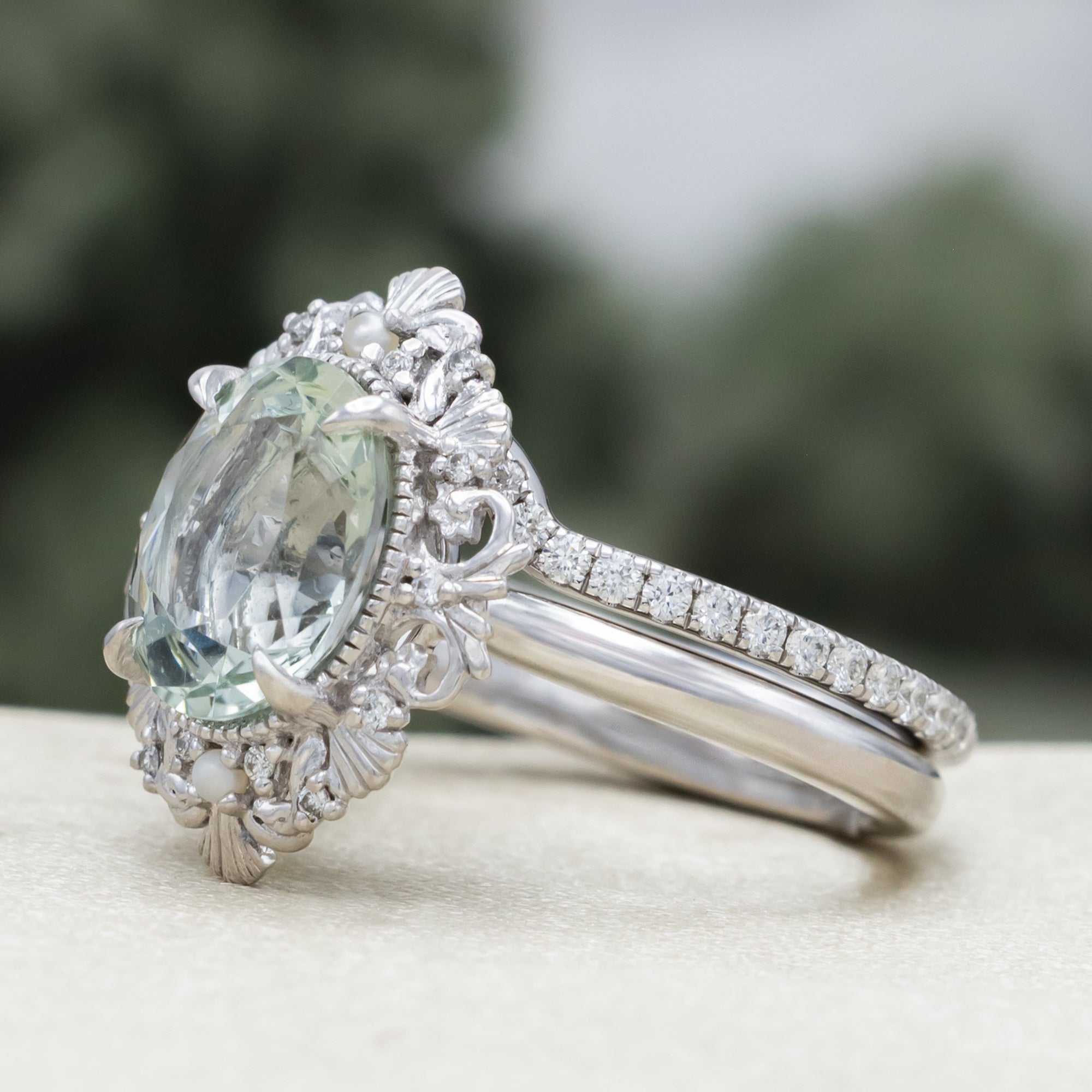 "Merrow" - Oval Cut Prasiolite Engagement Ring With Pearl Accents And Diamond Tracer-Staghead Designs