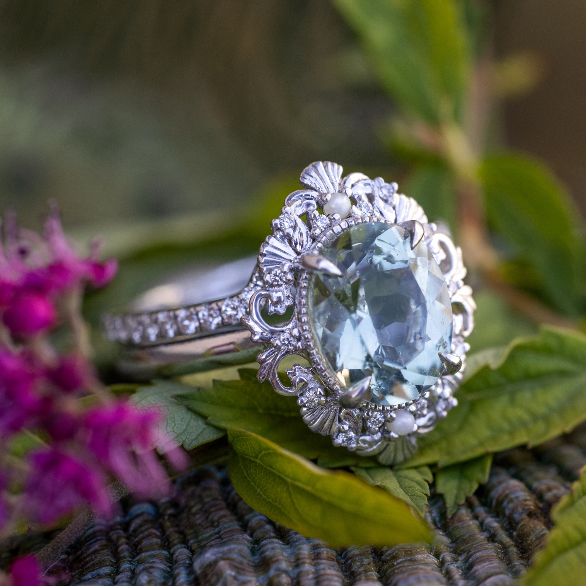 "Merrow" - Oval Cut Prasiolite Engagement Ring With Pearl Accents And Diamond Tracer-Staghead Designs