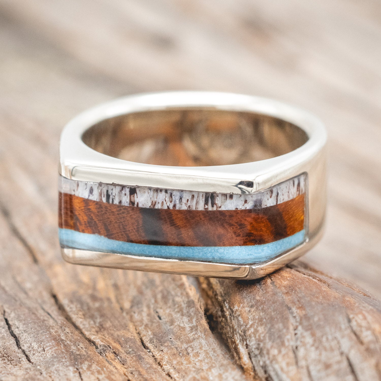"MESA" - TURQUOISE, IRONWOOD & ANTLER WITH A SIDE SET DIAMOND WEDDING BAND-Staghead Designs