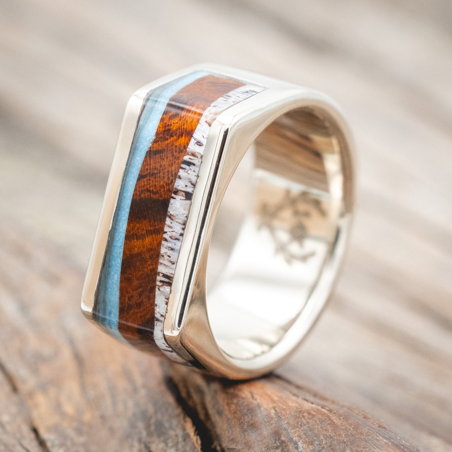 "MESA" - TURQUOISE, IRONWOOD & ANTLER WITH A SIDE SET DIAMOND WEDDING BAND-Staghead Designs