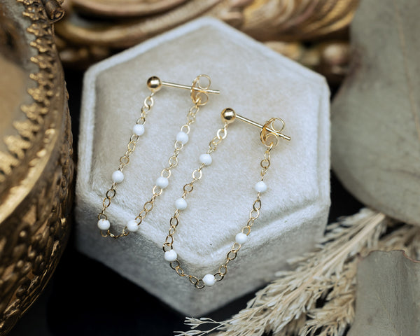 14K GOLD WHITE ENAMEL BEADED EARRINGS-Staghead Designs