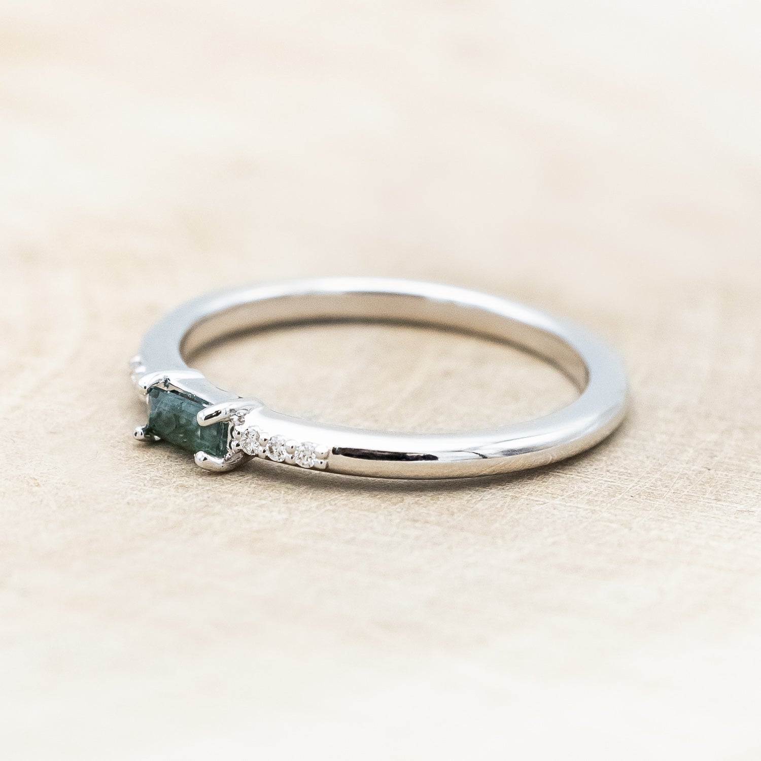 "NATALIA" - BAGUETTE-CUT MOSS AGATE STACKER WITH DIAMOND ACCENTS-Staghead Designs