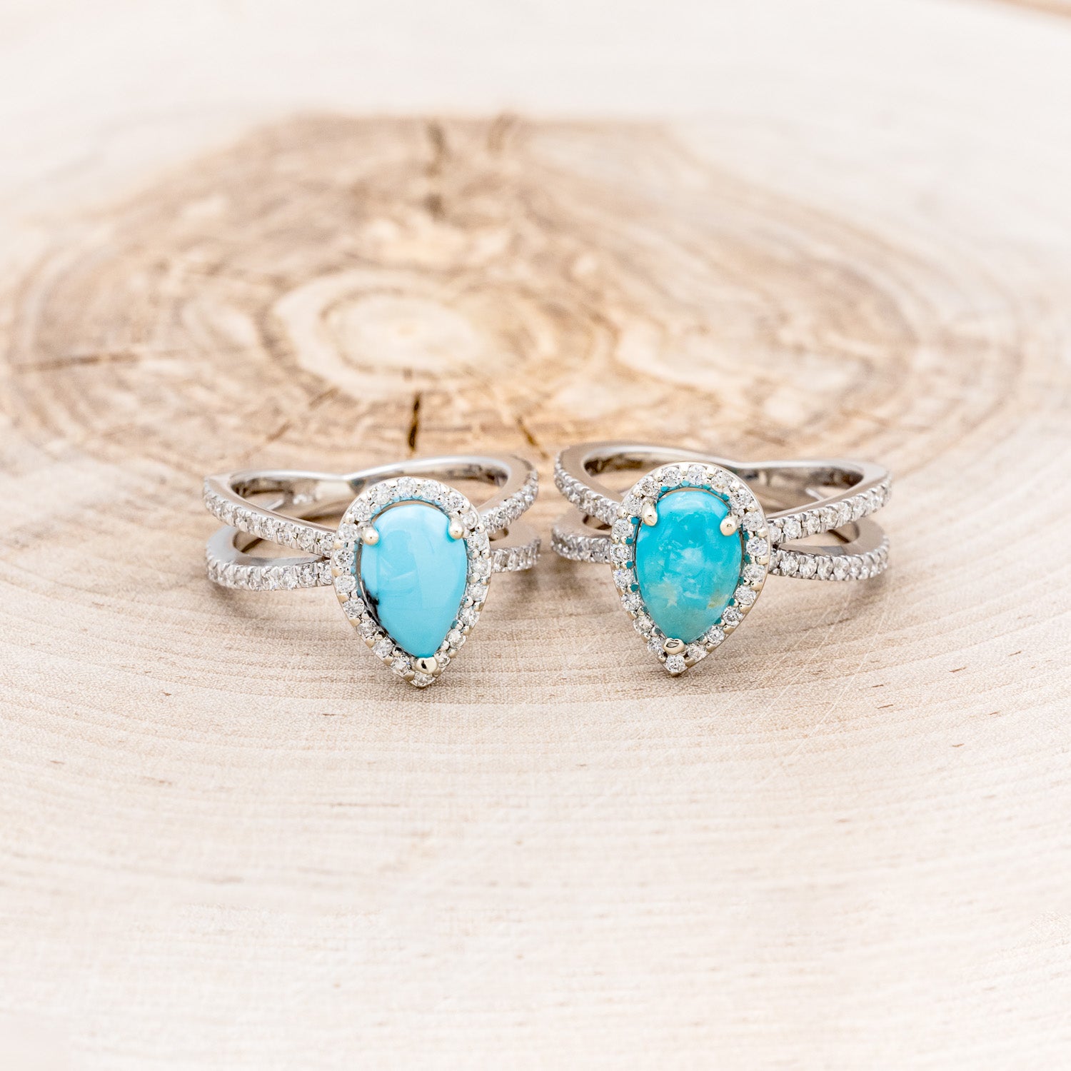 MATCHING SET OF "NALA" PEAR TURQUOISE ENGAGEMENT RINGS-2