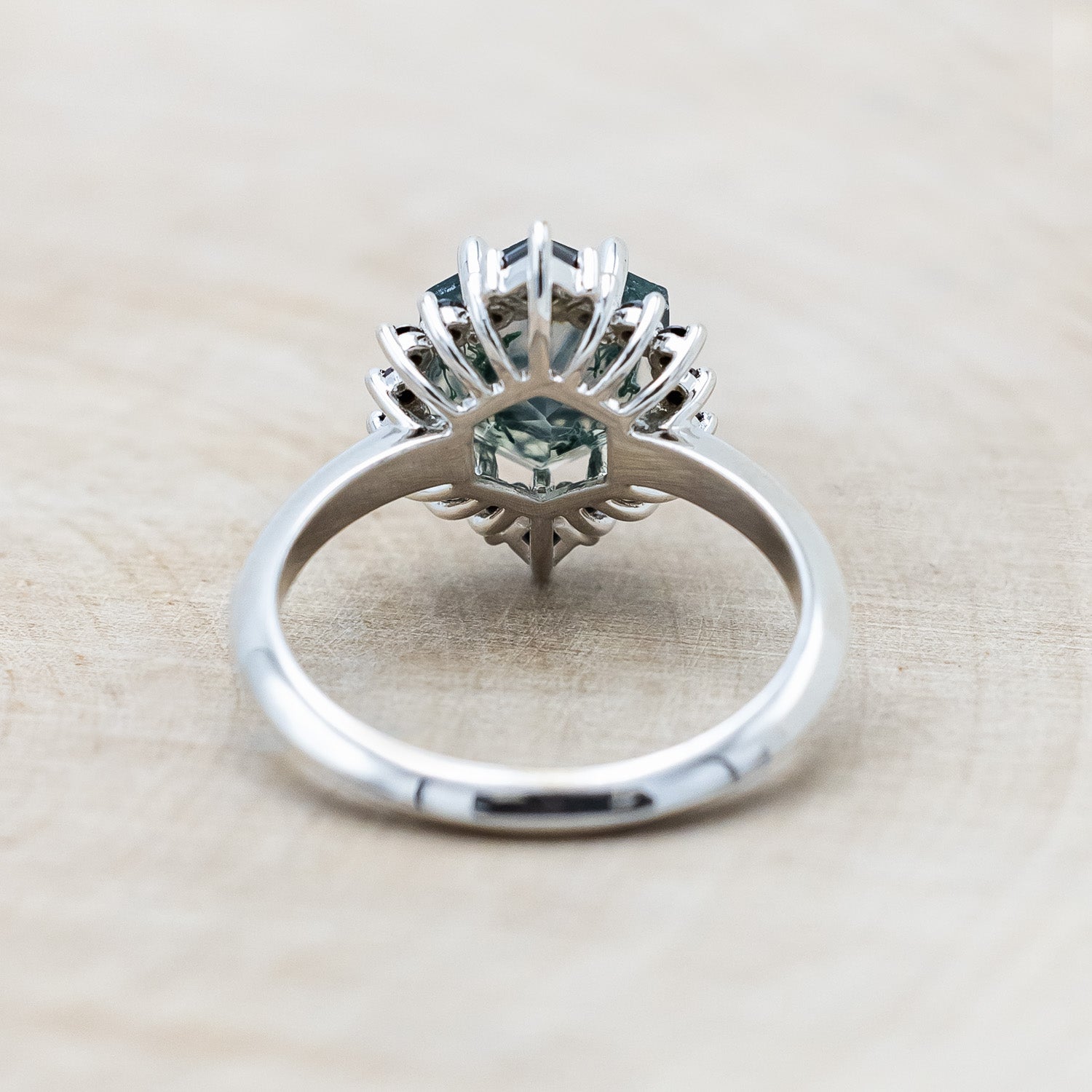"NEREZZA" - BRIDAL SUITE - HEXAGON CUT MOSS AGATE ENGAGEMENT RING WITH BLACK DIAMOND ACCENTS & TRACERS-Staghead Designs