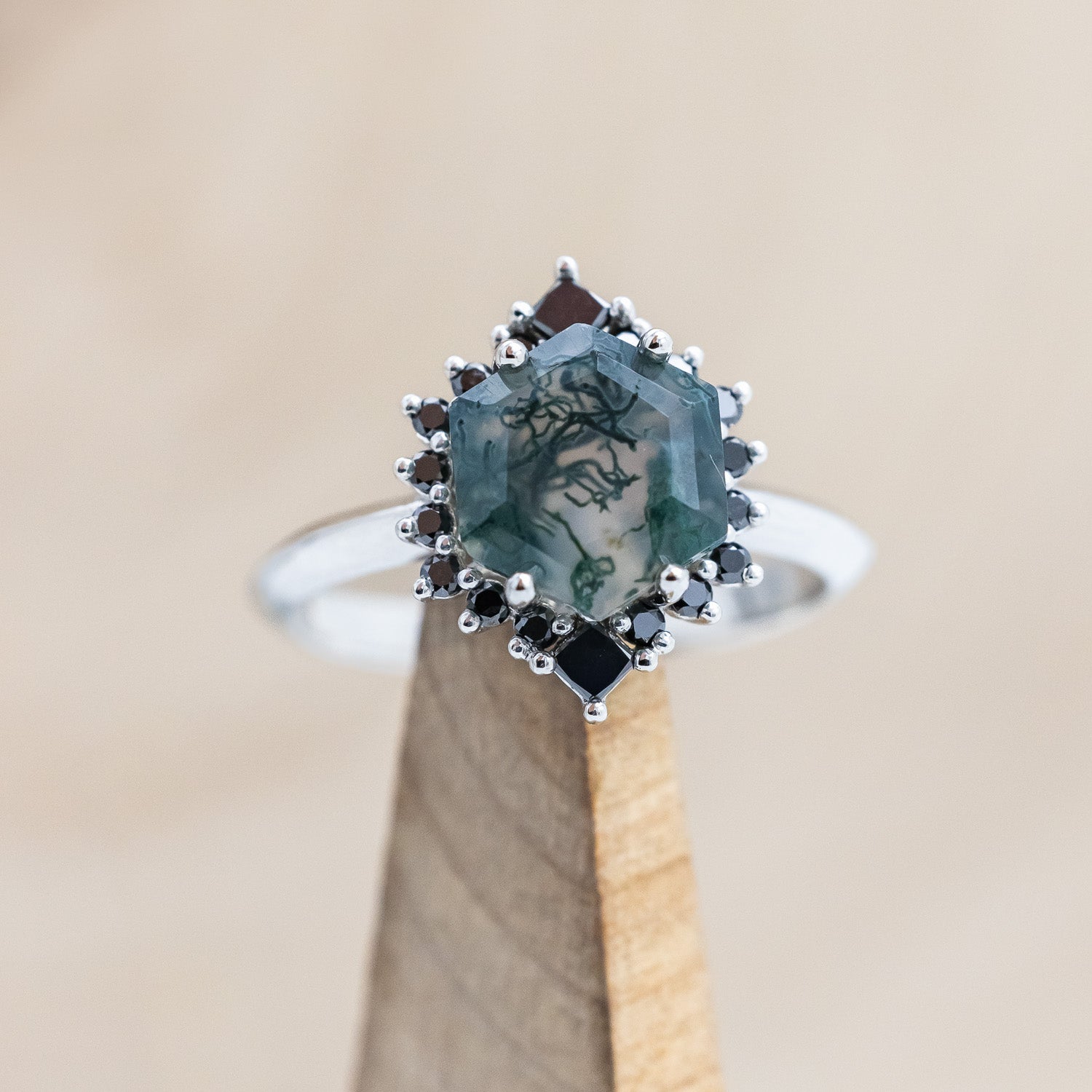 "NEREZZA" - BRIDAL SUITE - HEXAGON CUT MOSS AGATE ENGAGEMENT RING WITH BLACK DIAMOND ACCENTS & TRACERS-Staghead Designs