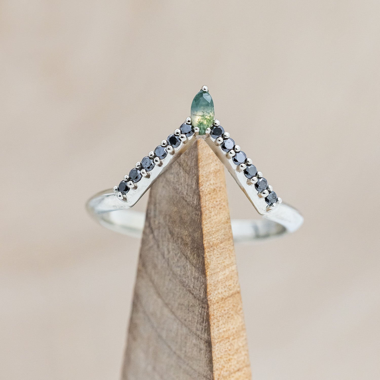 "NEREZZA" - BRIDAL SUITE - HEXAGON CUT MOSS AGATE ENGAGEMENT RING WITH BLACK DIAMOND ACCENTS & TRACERS-Staghead Designs