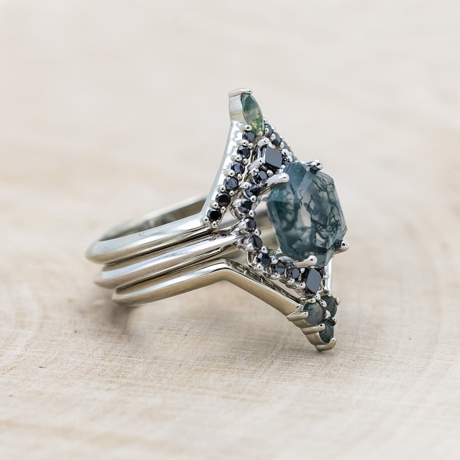 "NEREZZA" - BRIDAL SUITE - HEXAGON CUT MOSS AGATE ENGAGEMENT RING WITH BLACK DIAMOND ACCENTS & TRACERS-Staghead Designs