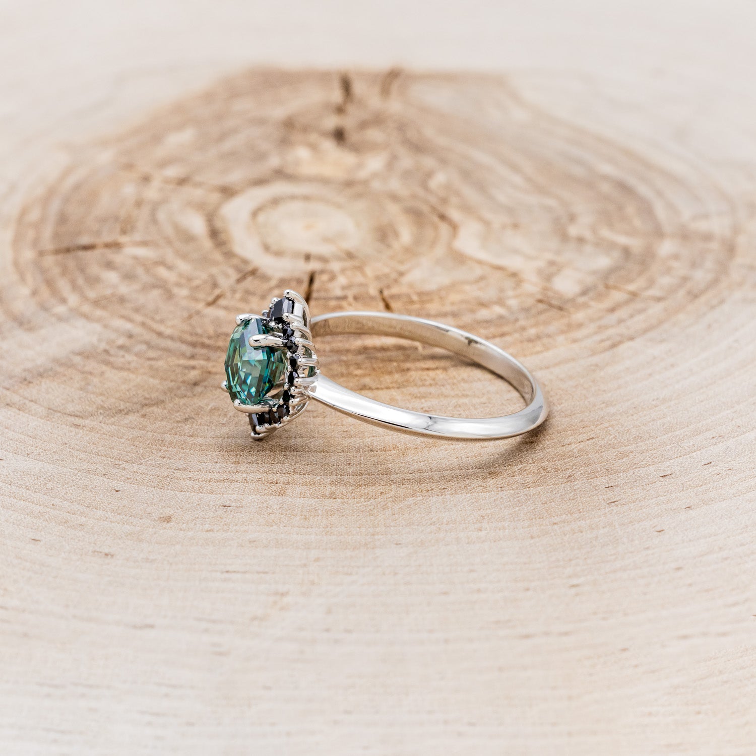 "NEREZZA" - HEXAGON CUT GREEN MOISSANITE ENGAGEMENT RING WITH A BLACK DIAMOND HALO-9