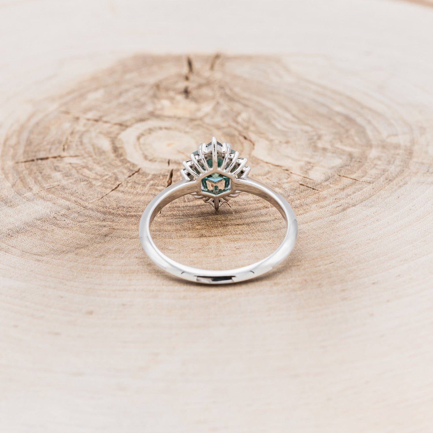 "NEREZZA" - HEXAGON CUT GREEN MOISSANITE ENGAGEMENT RING WITH A BLACK DIAMOND HALO-11