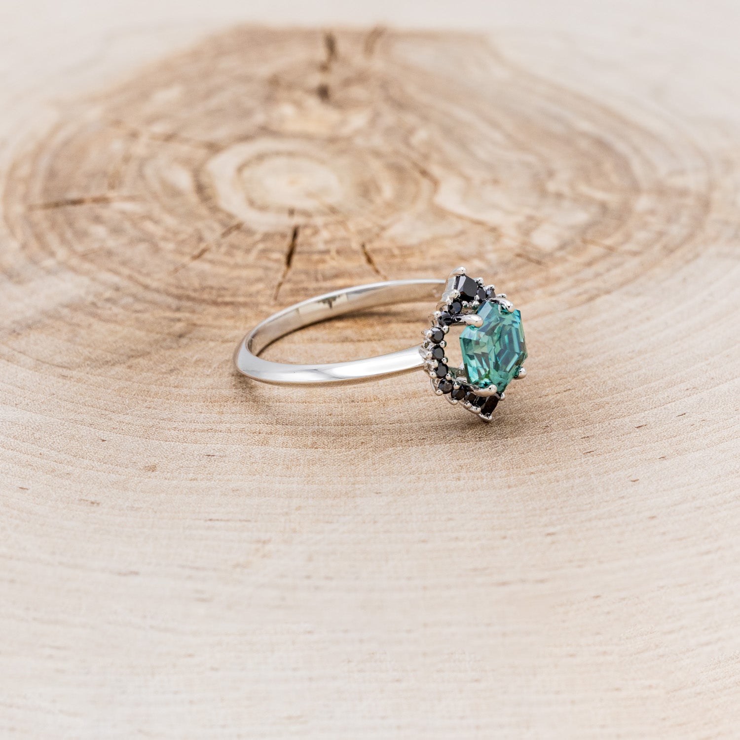 "NEREZZA" - HEXAGON CUT GREEN MOISSANITE ENGAGEMENT RING WITH A BLACK DIAMOND HALO-8