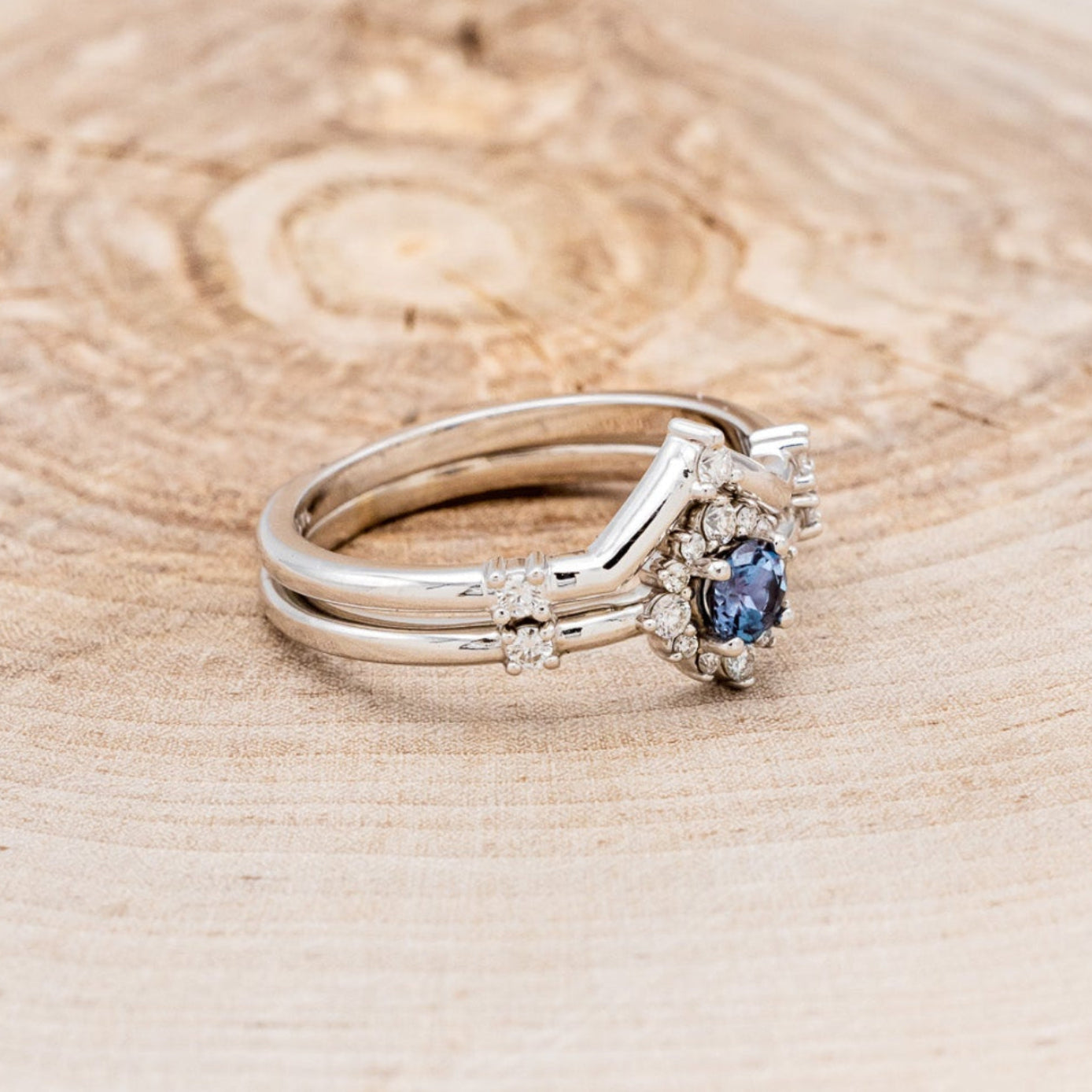 "STARLA" - ROUND CUT LAB-GROWN ALEXANDRITE ENGAGEMENT RING WITH STARBURST DIAMOND HALO & TRACER-2