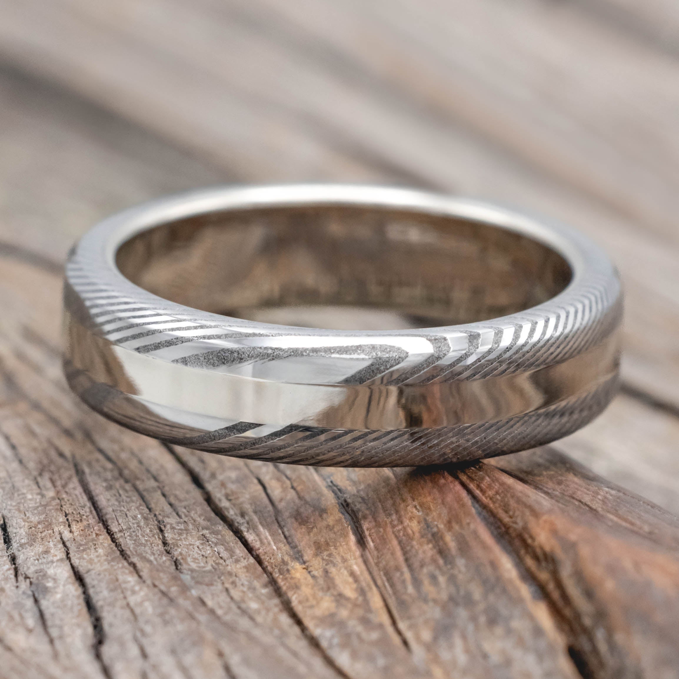 "NIRVANA" - ETCHED DAMASCUS STEEL & 14K GOLD INLAY WEDDING BAND-Staghead Designs