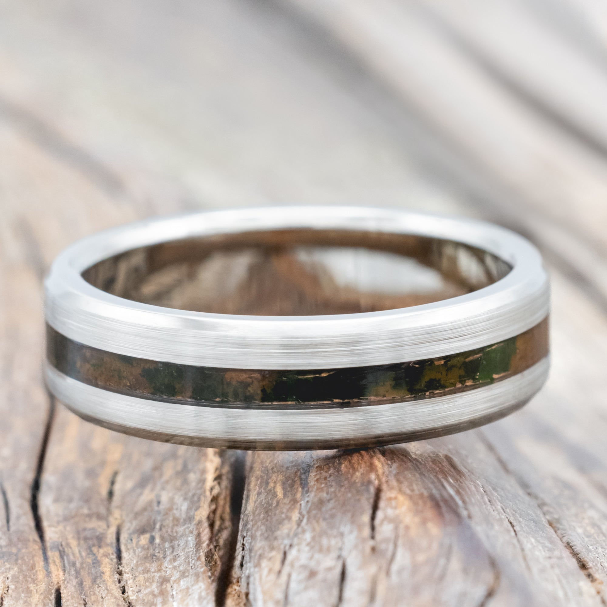 "NIRVANA" - CENTERED MOSSY PATINA COPPER WEDDING RING ON A BRUSHED BAND-Staghead Designs
