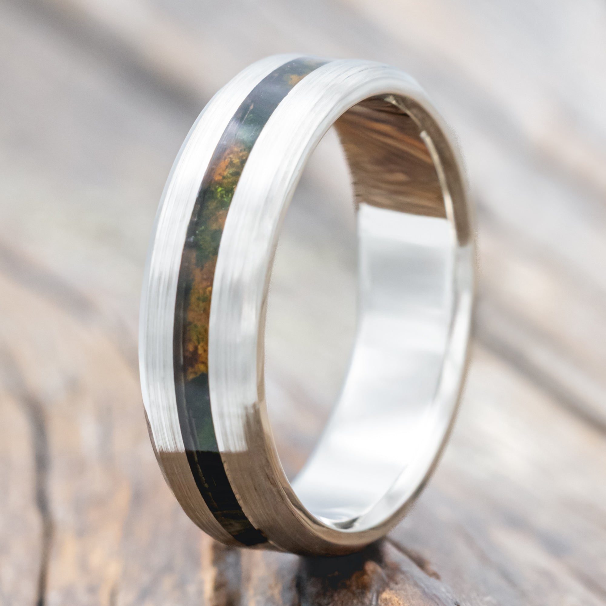 "NIRVANA" - CENTERED MOSSY PATINA COPPER WEDDING RING ON A BRUSHED BAND-Staghead Designs