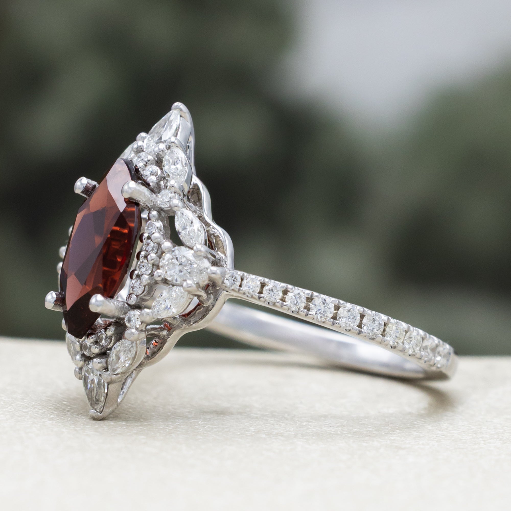 "North Star" - Marquise Cut Garnet Engagement Ring With Diamond Halo & Accents-Staghead Designs