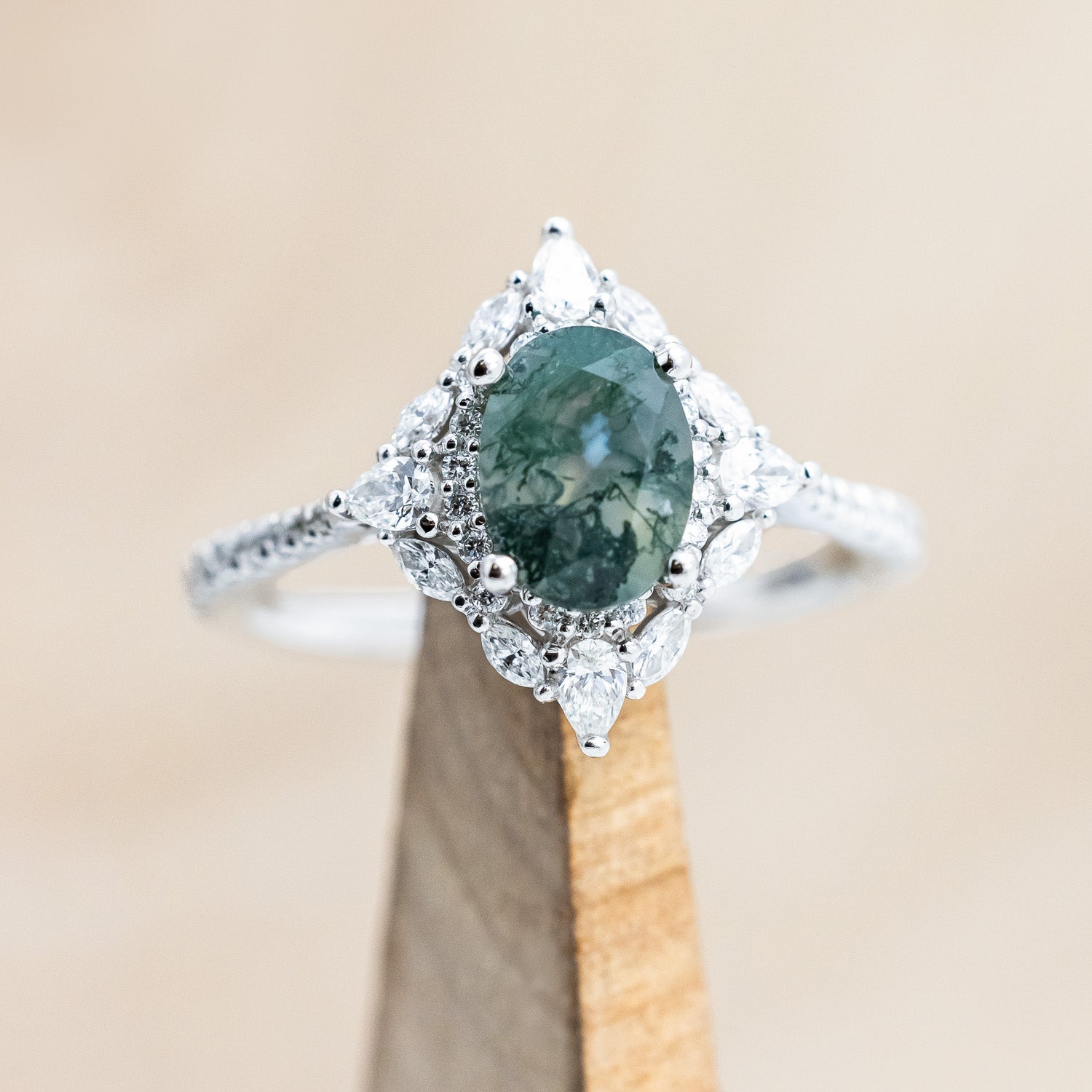 "NORTH STAR" - OVAL MOSS AGATE ENGAGEMENT RING WITH DIAMOND HALO & ACCENTS-Staghead Designs
