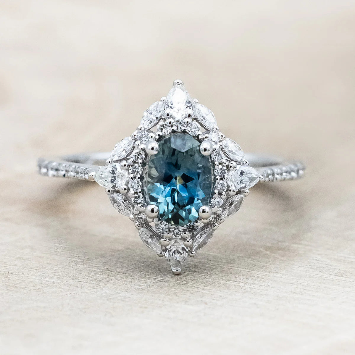 "North Star" - Oval Cut Montana Sapphire Engagement Ring With Diamond Halo & Accents - 14K White Gold - Size 7 1/4