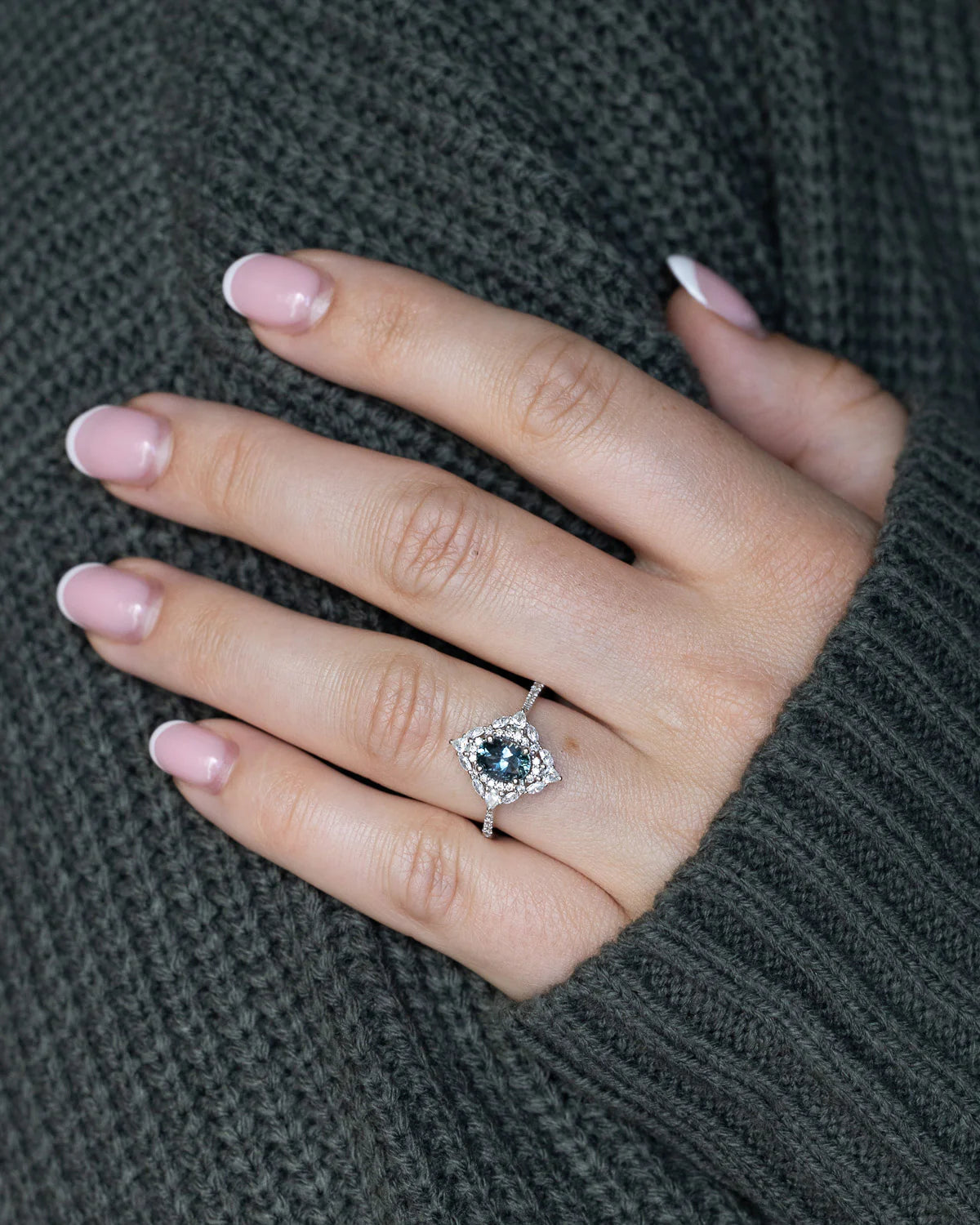 "North Star" - Oval Cut Montana Sapphire Engagement Ring With Diamond Halo & Accents - 14K White Gold - Size 7 1/4