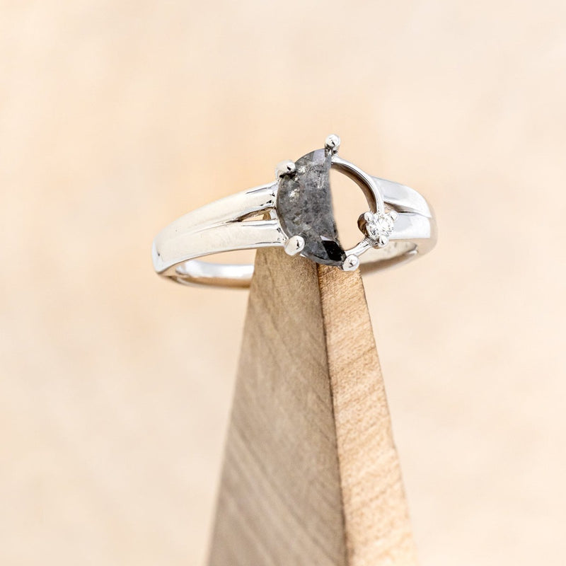 "NYX" - CRESCENT MOON SALT & PEPPER DIAMOND ENGAGEMENT RING WITH A SINGLE DIAMOND ACCENT