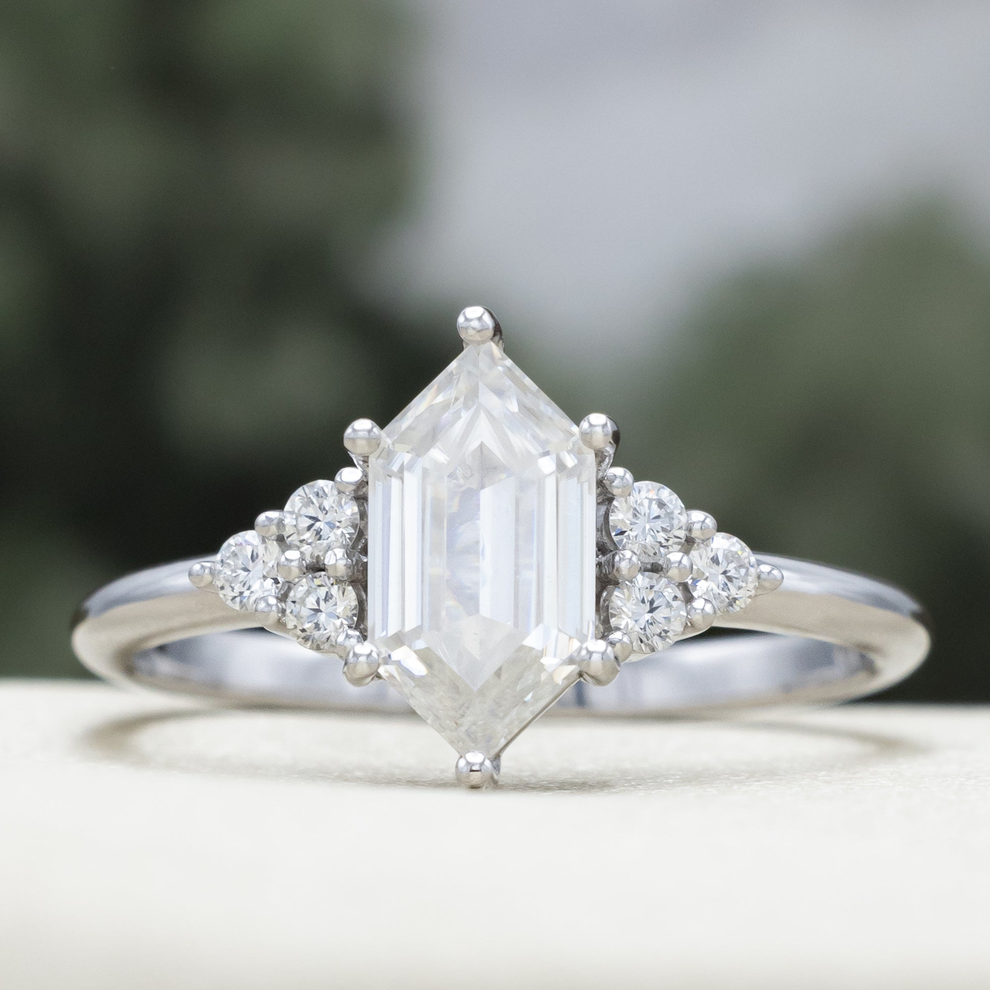 "OCTAVIA" - ELONGATED HEXAGON CUT ENGAGEMENT RING WITH DIAMOND ACCENTS-Staghead Designs