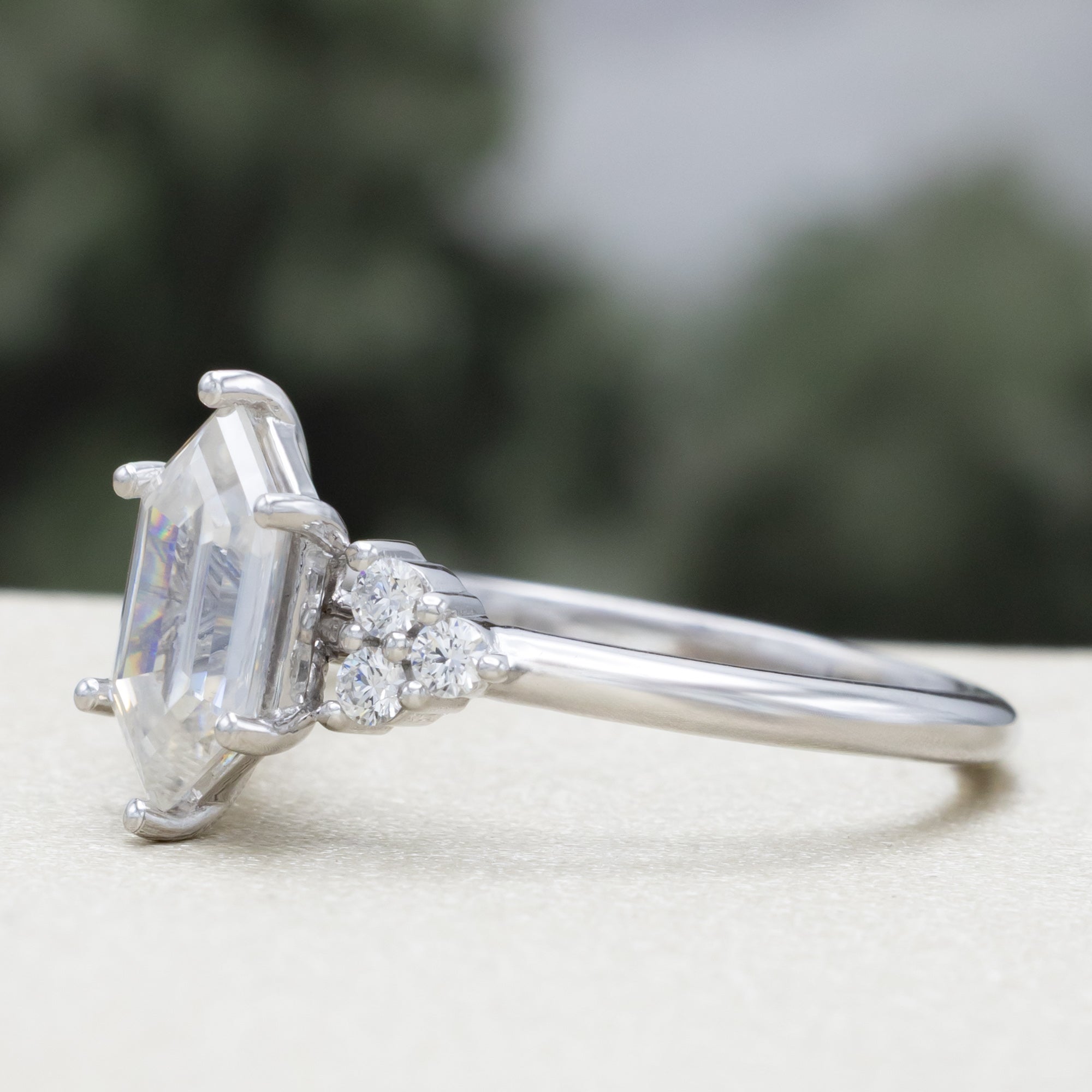 "OCTAVIA" - ELONGATED HEXAGON CUT ENGAGEMENT RING WITH DIAMOND ACCENTS-Staghead Designs