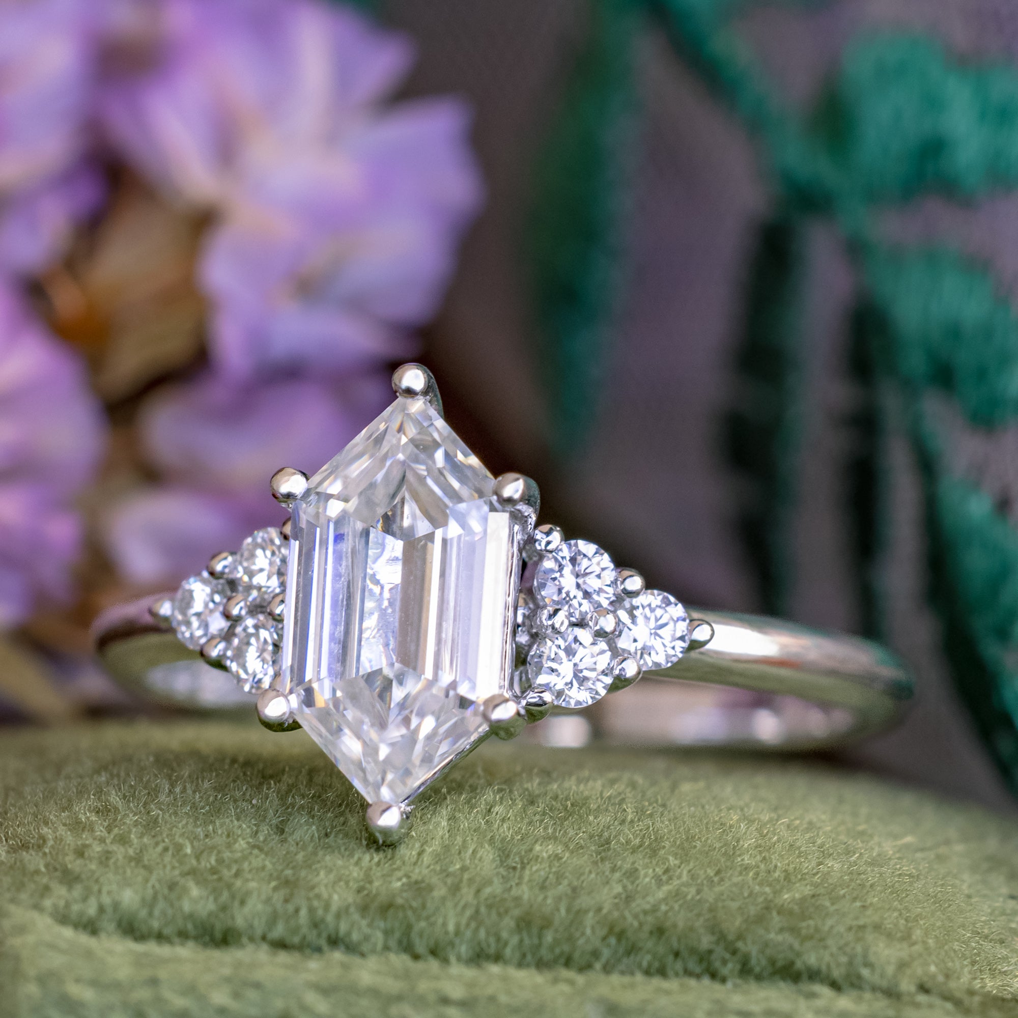 "OCTAVIA" - ELONGATED HEXAGON CUT ENGAGEMENT RING WITH DIAMOND ACCENTS-Staghead Designs