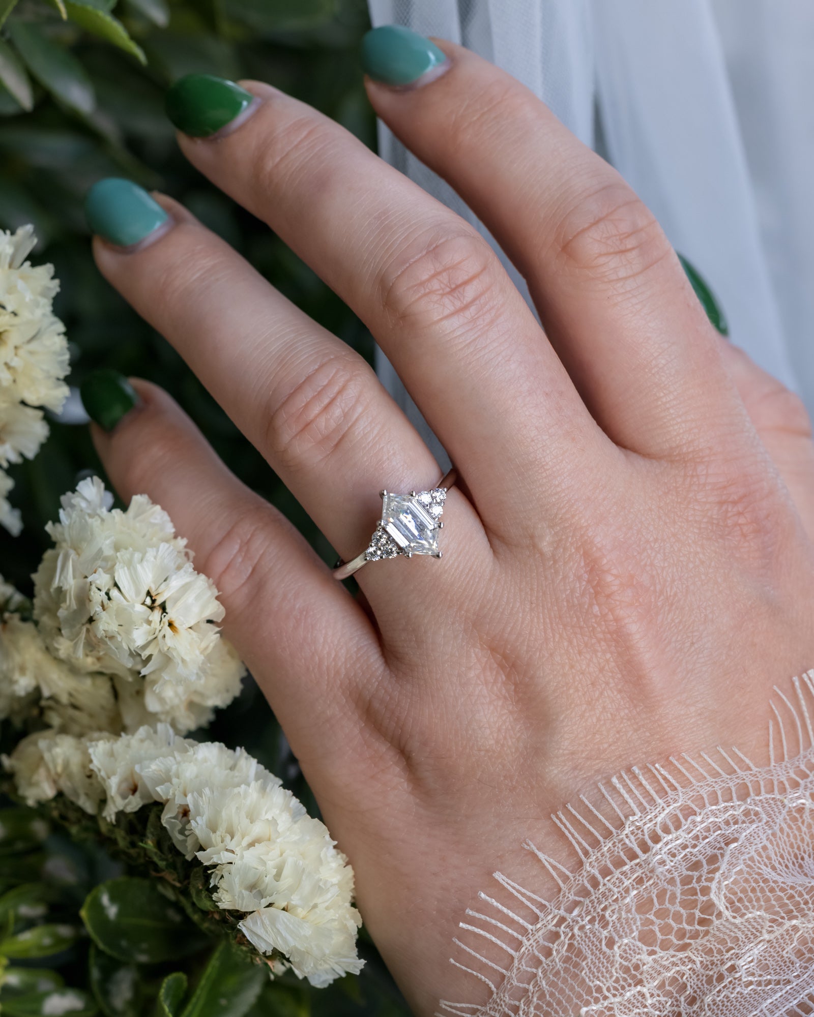"OCTAVIA" - ELONGATED HEXAGON CUT ENGAGEMENT RING WITH DIAMOND ACCENTS-Staghead Designs