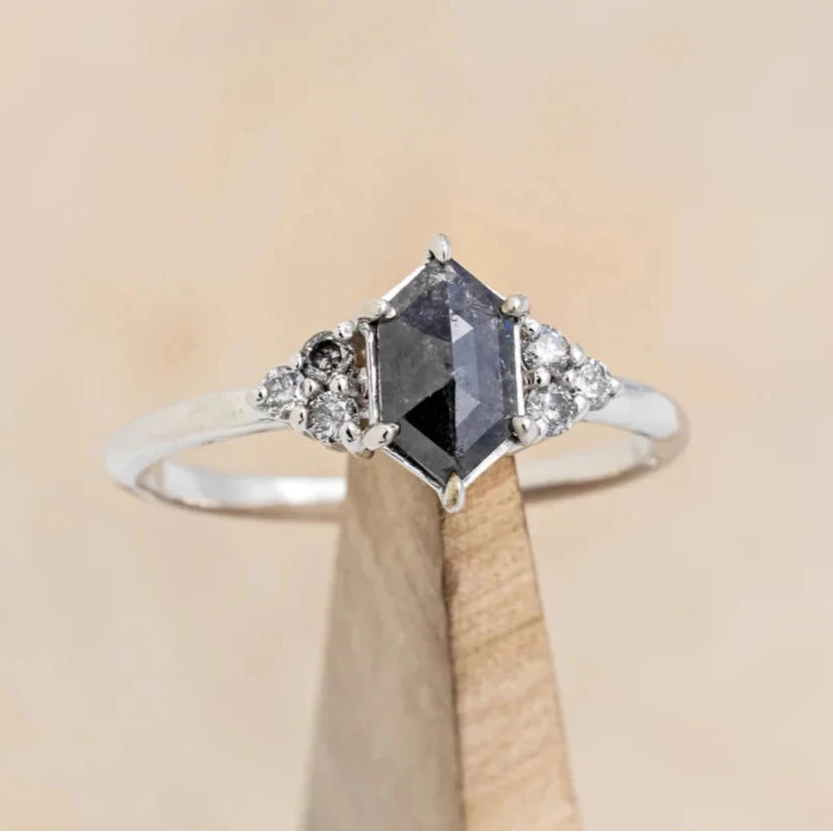 "OCTAVIA" - ELONGATED HEXAGON ROSECUT SALT & PEPPER DIAMOND ENGAGEMENT RING & TRACER-Staghead Designs