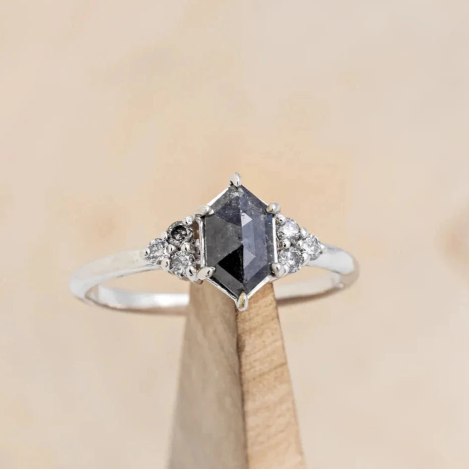 "OCTAVIA" - ELONGATED HEXAGON ROSECUT SALT & PEPPER DIAMOND ENGAGEMENT RING & TRACER-Staghead Designs