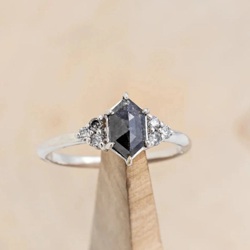 "OCTAVIA" - ELONGATED HEXAGON ROSECUT SALT & PEPPER DIAMOND ENGAGEMENT RING & TRACER