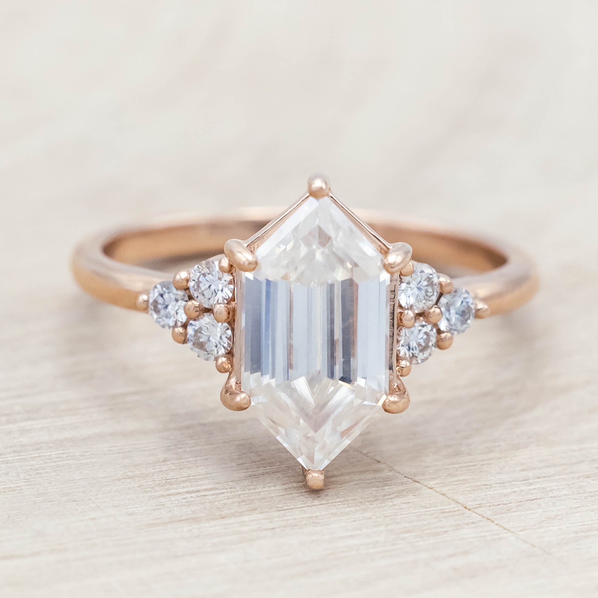 "OCTAVIA" - ELONGATED HEXAGON CUT ENGAGEMENT RING WITH DIAMOND ACCENTS-Staghead Designs