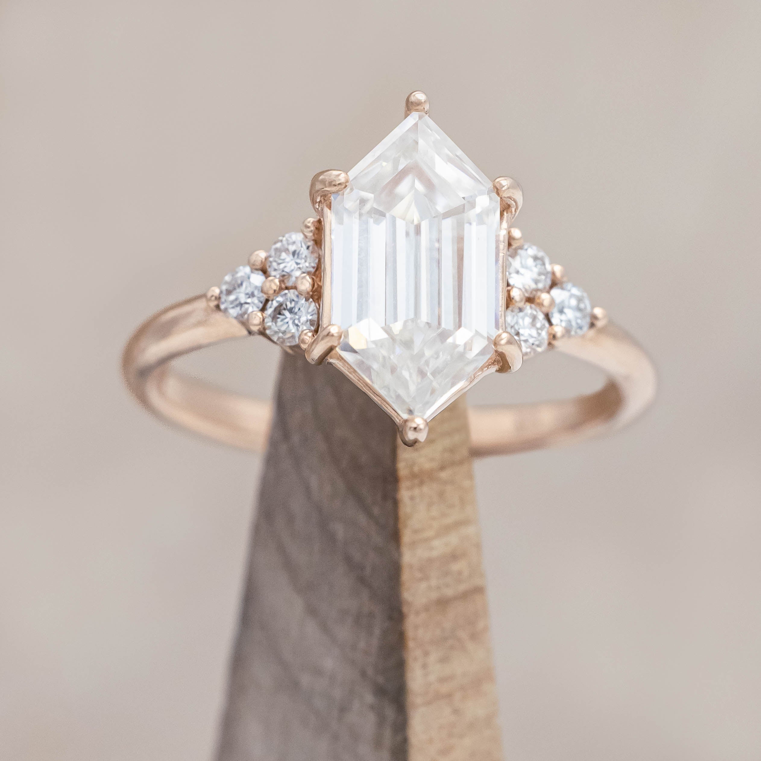 "OCTAVIA" - ELONGATED HEXAGON CUT ENGAGEMENT RING WITH DIAMOND ACCENTS-Staghead Designs