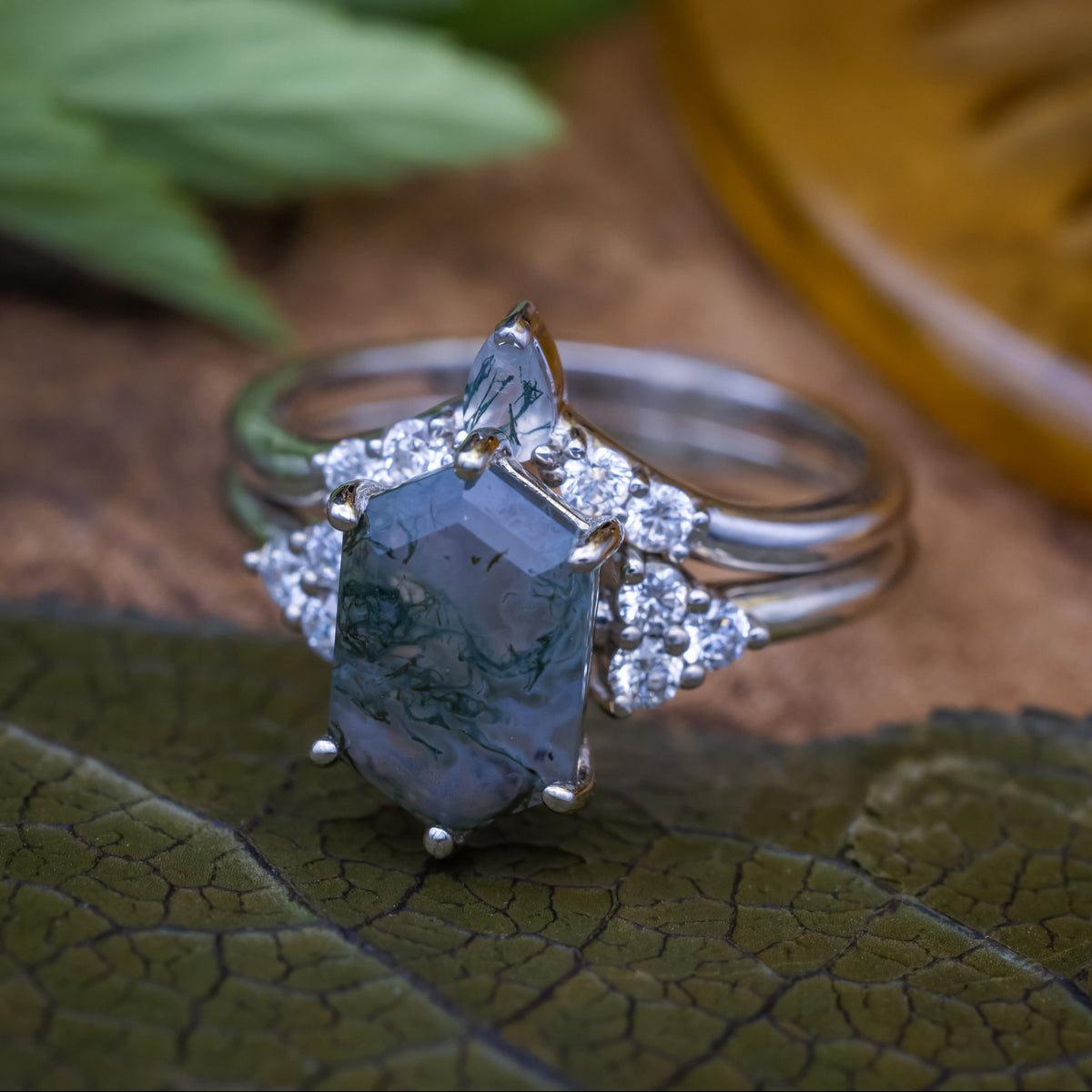 "Octavia" - Elongated Hexagon Cut Moss Agate Engagement Ring With Diamond or Moss Agate Accents & Tracer
