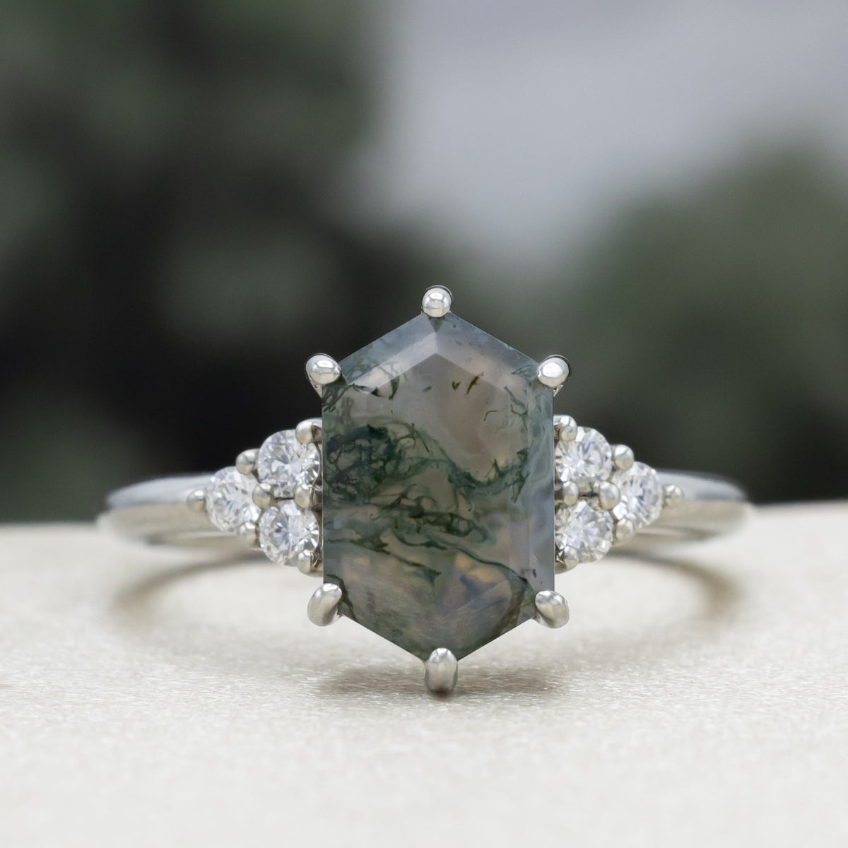 "Octavia" - Elongated Hexagon Cut Moss Agate Engagement Ring With Diamond or Moss Agate Accents & Tracer