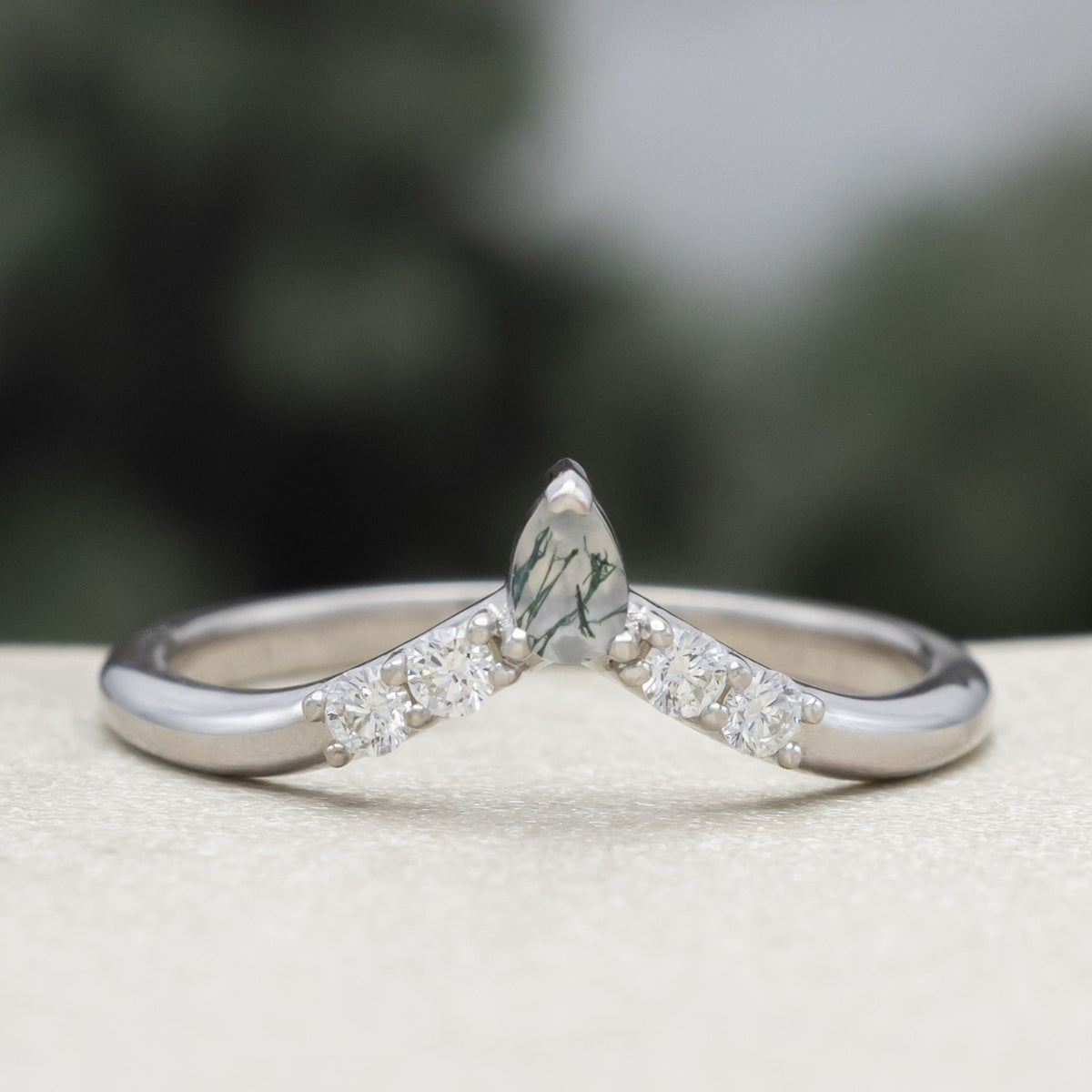 "Octavia" - Elongated Hexagon Cut Moss Agate Engagement Ring With Diamond or Moss Agate Accents & Tracer