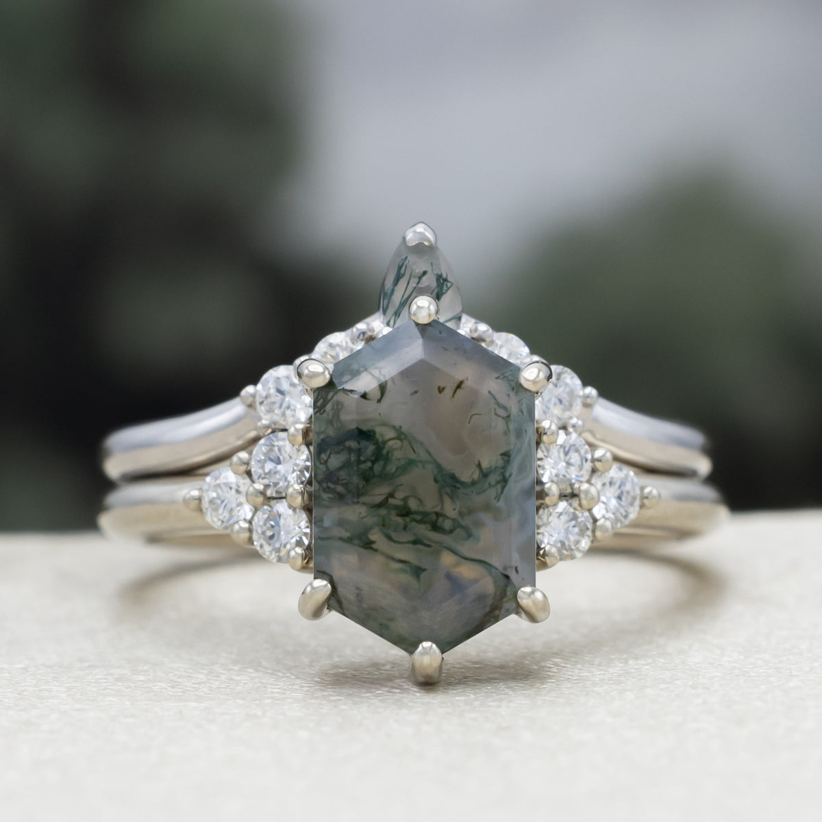 "Octavia" - Elongated Hexagon Cut Moss Agate Engagement Ring With Diamond or Moss Agate Accents & Tracer